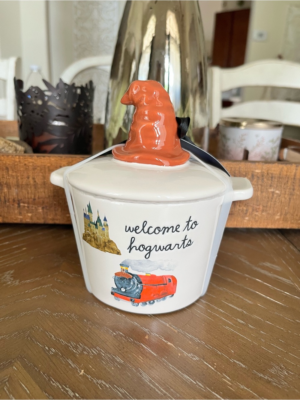 Rae Dunn X Harry Potter Mini Crock Bake Dish with Wizarding hat lid and text